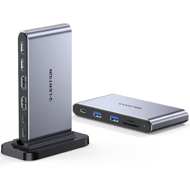 LENTION 10-in-1 Detachable USB C Laptop Docking Station with Dual 4K@60Hz HDMI, PD Charging, USB C, USB-A 3.0, USB-A 2.0, SD/Micro Card Readers,