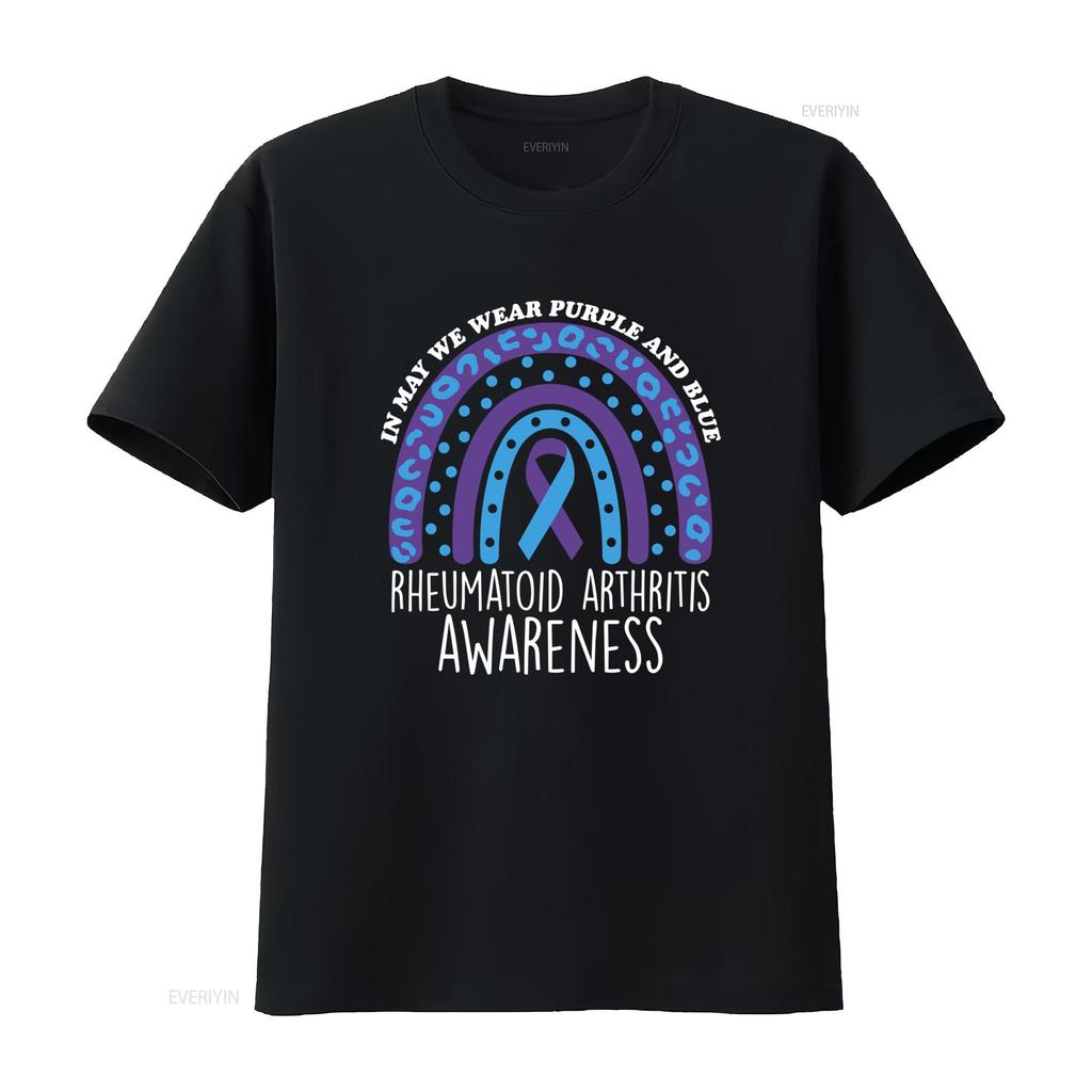 Casual Rheumatoid Arthritis Awareness Purple Blue Ribbon Rainbow Print T Shirt Vintage Stretched Top For Everyday Wear