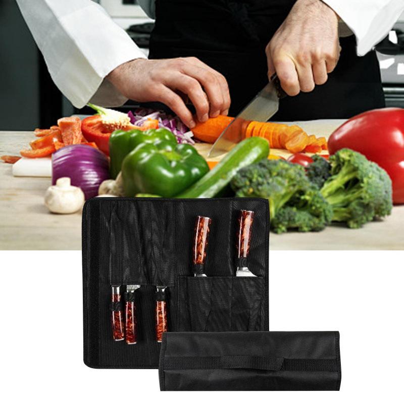 Black Chef Knife Roll Bag 5 Pockets Carry Case Portable Oxford Kitchen Cooking Knives Storage Bags Durable Knife Carrying Punch