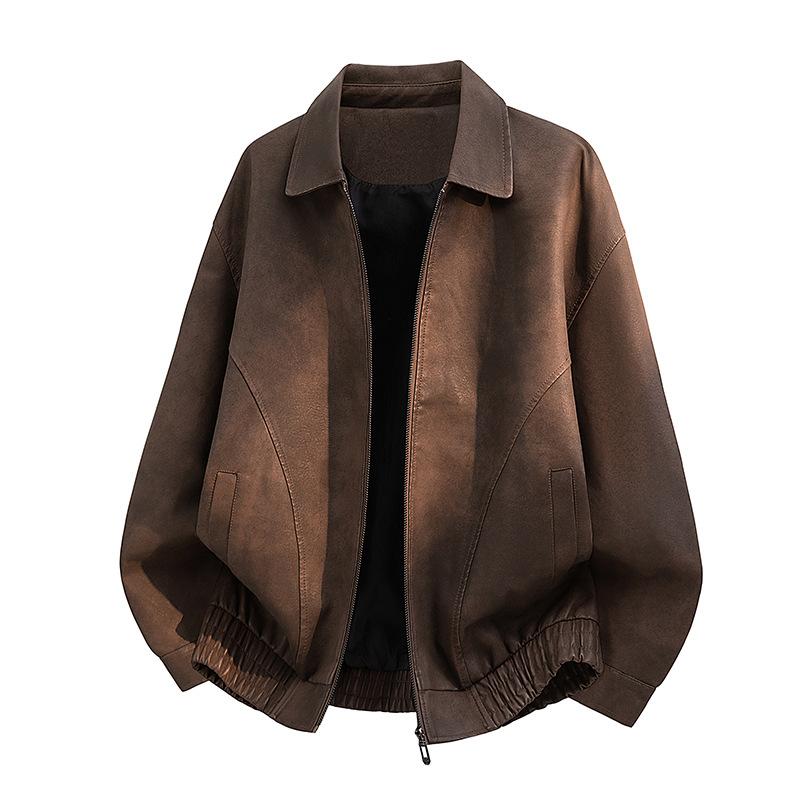 American retro men's leather jacket new pu locomotive tooling loose old money street simple leather jacket men