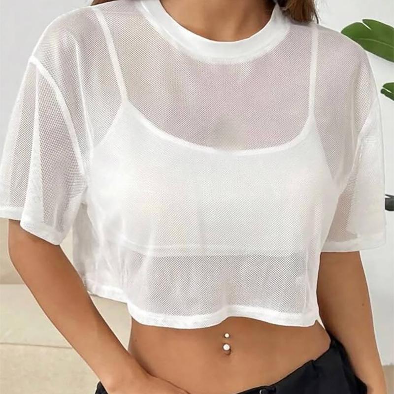 

Женские летние черные белые сетчатые укороченные топы свободные повседневные футболки с короткими рукавами L белый