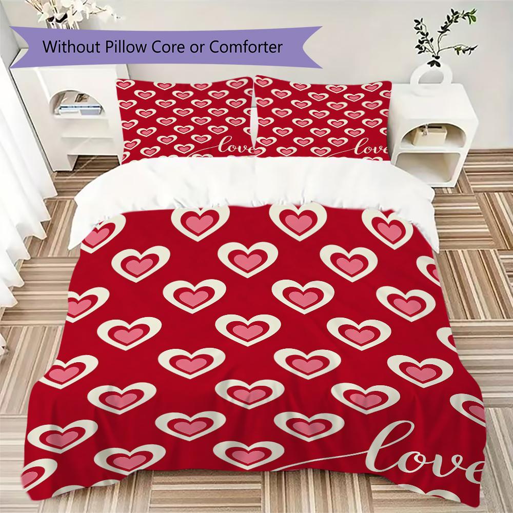 Rotes Love-Muster Bettwäsche-Steppdecken-Set Steppdeckenbezug Kissenbezug Heimdekoration Geburtstagsgeschenk (1 * Bettbezug + 2 * Kissenbezug ohne Füllung)