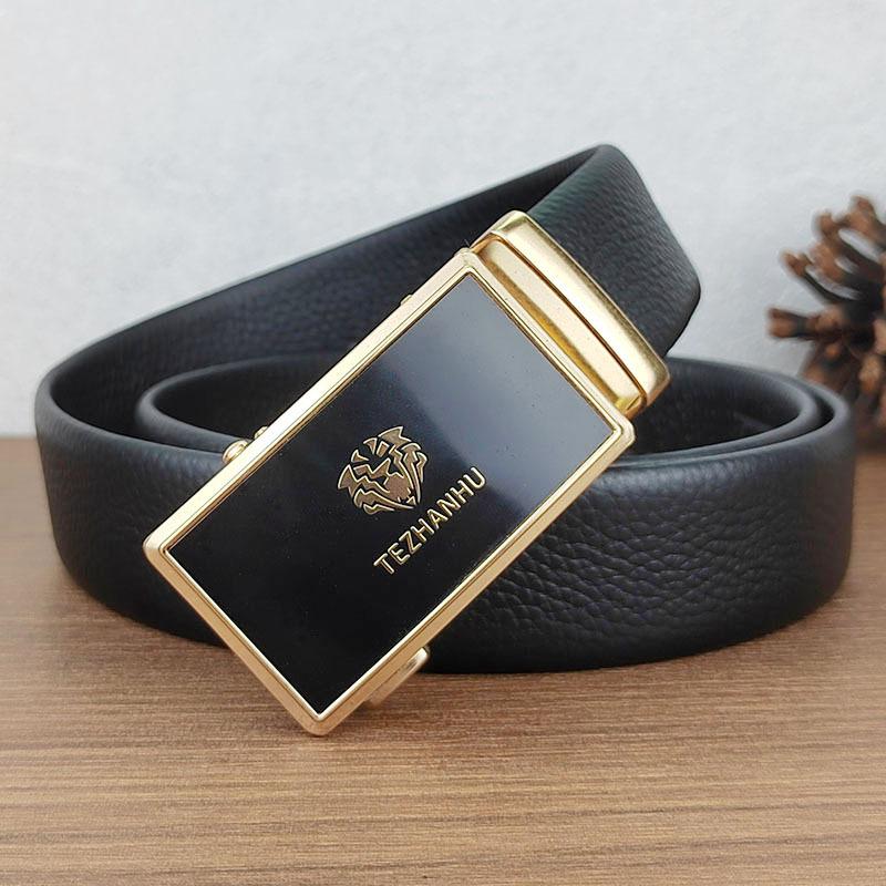 

Мужской ремень с автоматической пряжкой, кожаный деловой ремень, мужской первый слой из коровьей кожи, простой подарочный ремень для папы среднего возраста 125cm