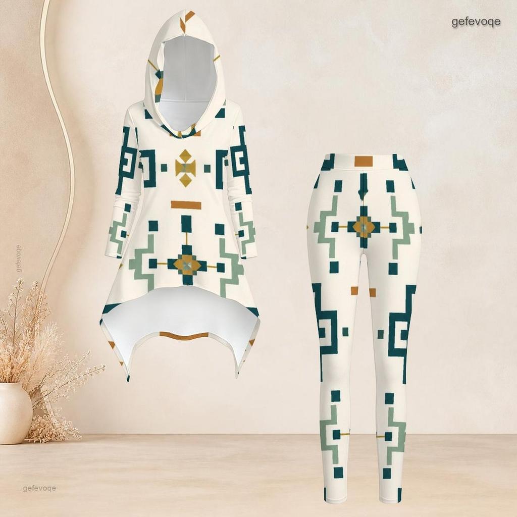 Women Plus Size Black White Printed Hooded Long Sleeve High Low Top Fitted Pants Two Piece Set