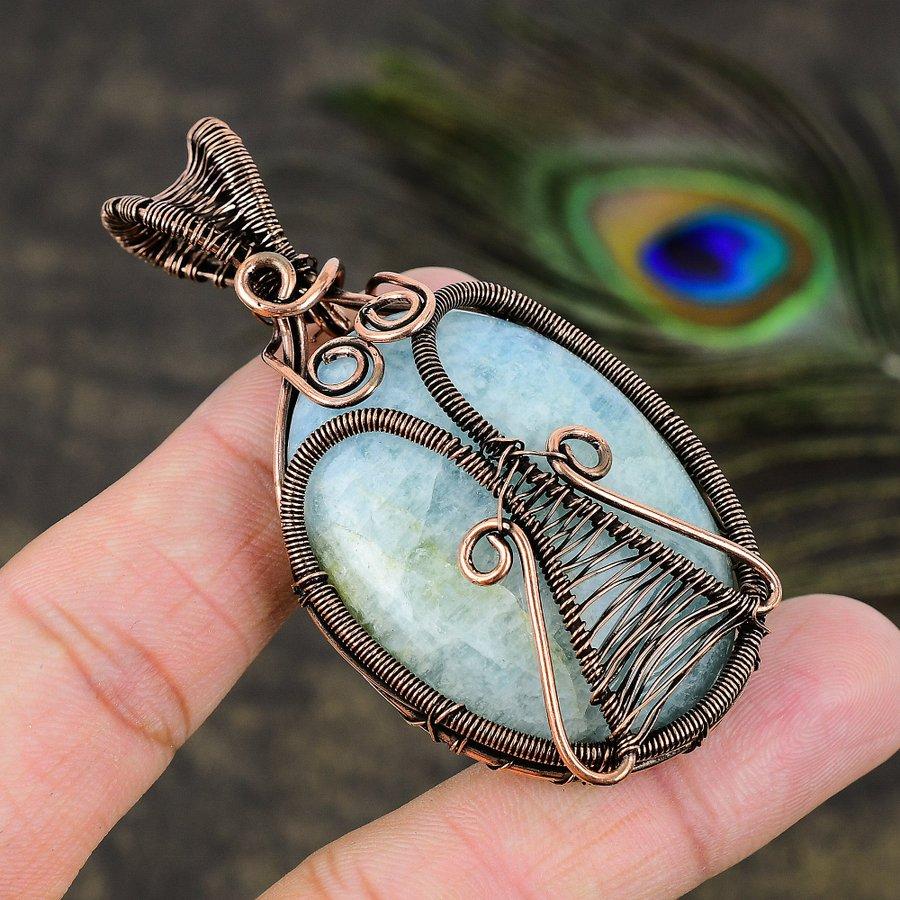Aquamarine Handmade Copper Wire Wrap Jewelry Pendant 2.84 P1v38