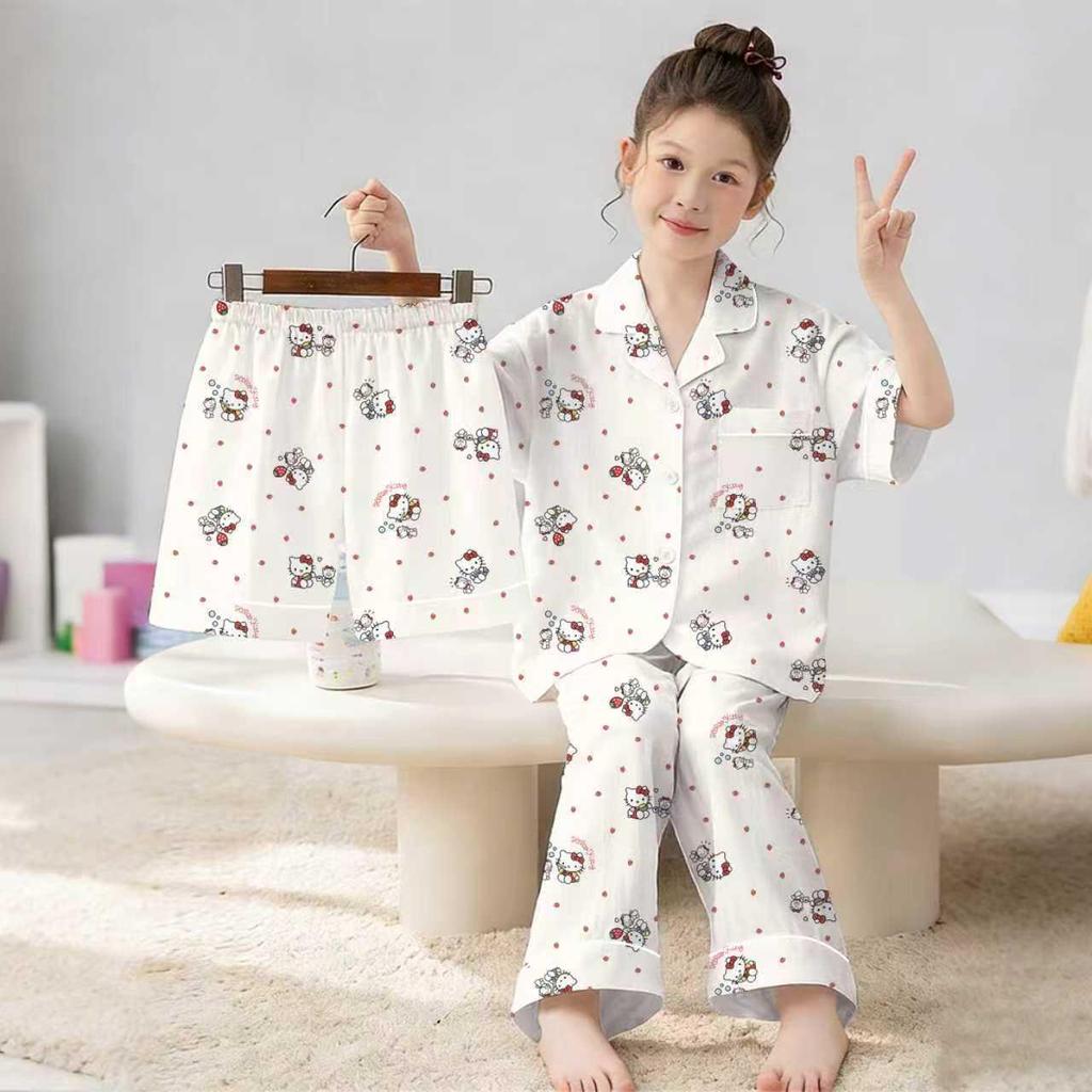 Children's Cloud Cotton Pajama Set: Short Sleeve, Shorts, and Long Pants for Summer.