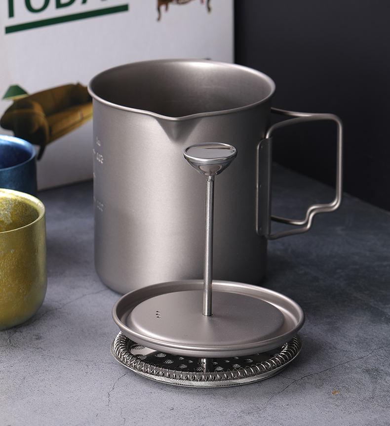 Oem Camping Accessories 750ml Outdoor Camping Titanium Alloy Coffee Pot With French Coffee Filter Press Titanium Alloy Pot