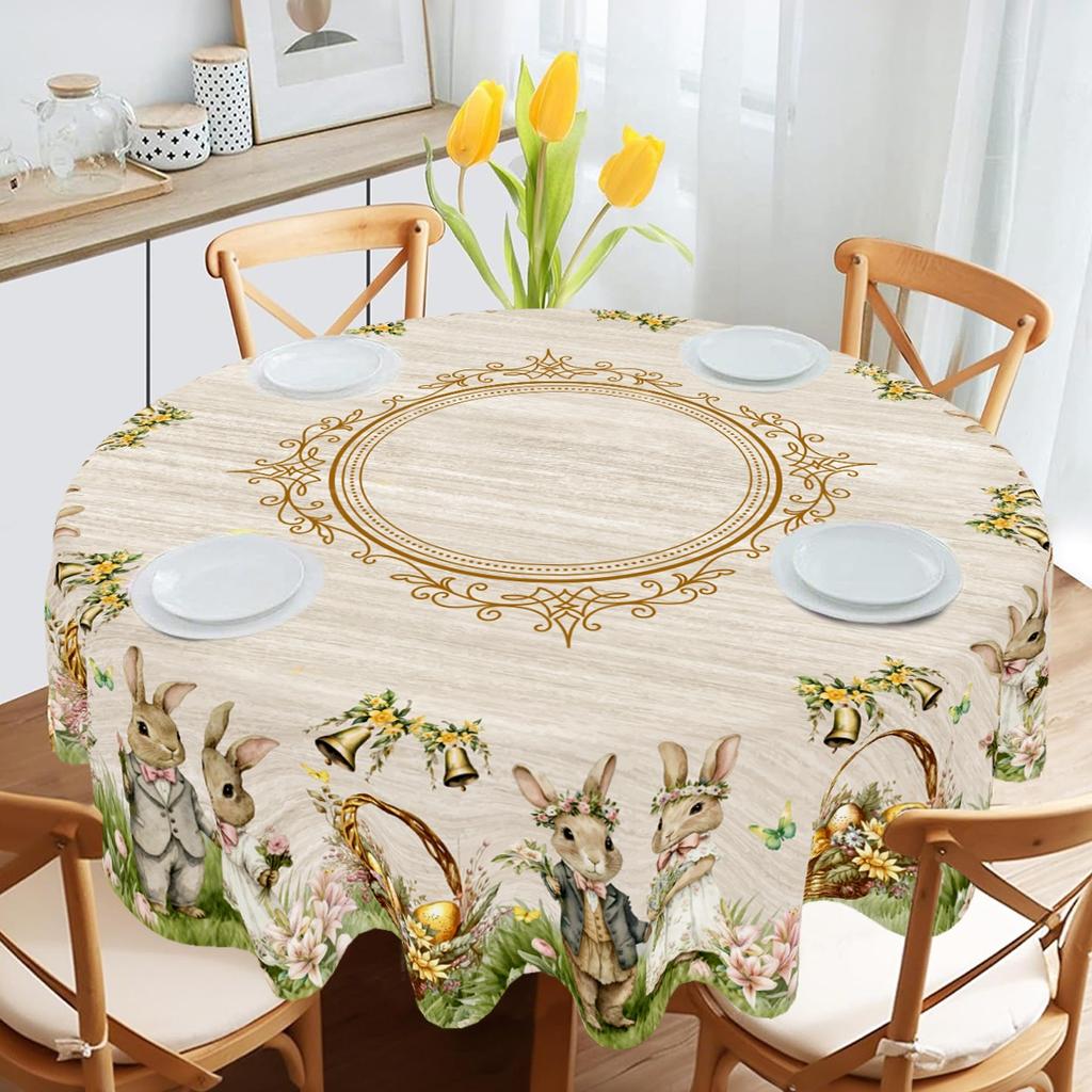 Easter Round Tablecloth Easter Bunny Egg Table Cover Spring Farmhouse Home Kitchen Dinning Table Decor Holiday Party Supplies