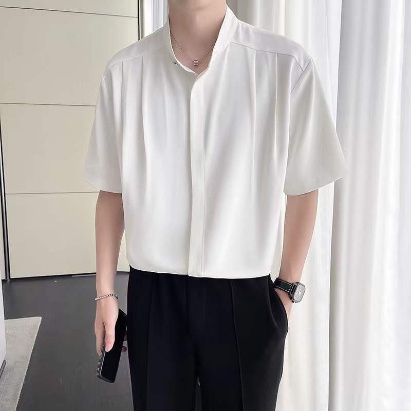 Ice Silk Chinese Stand-up Short-sleeved Shirt Men's Summer Fashion Brand Trendy Sense Handsome Seven-point Sleeve Casual Shirt