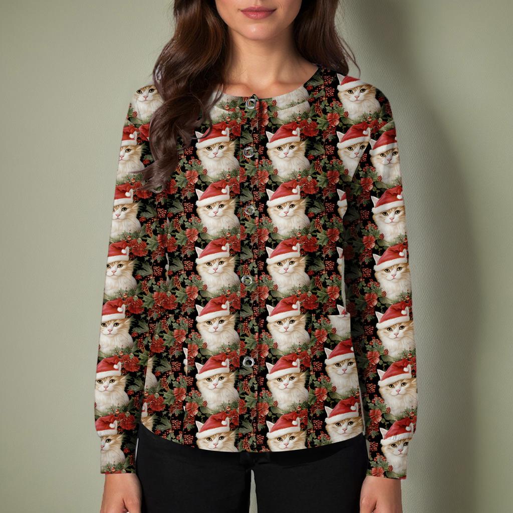 Women's Casual Long-sleeved Single-breasted Christmas Printed Protective Clothing Cardigan Top