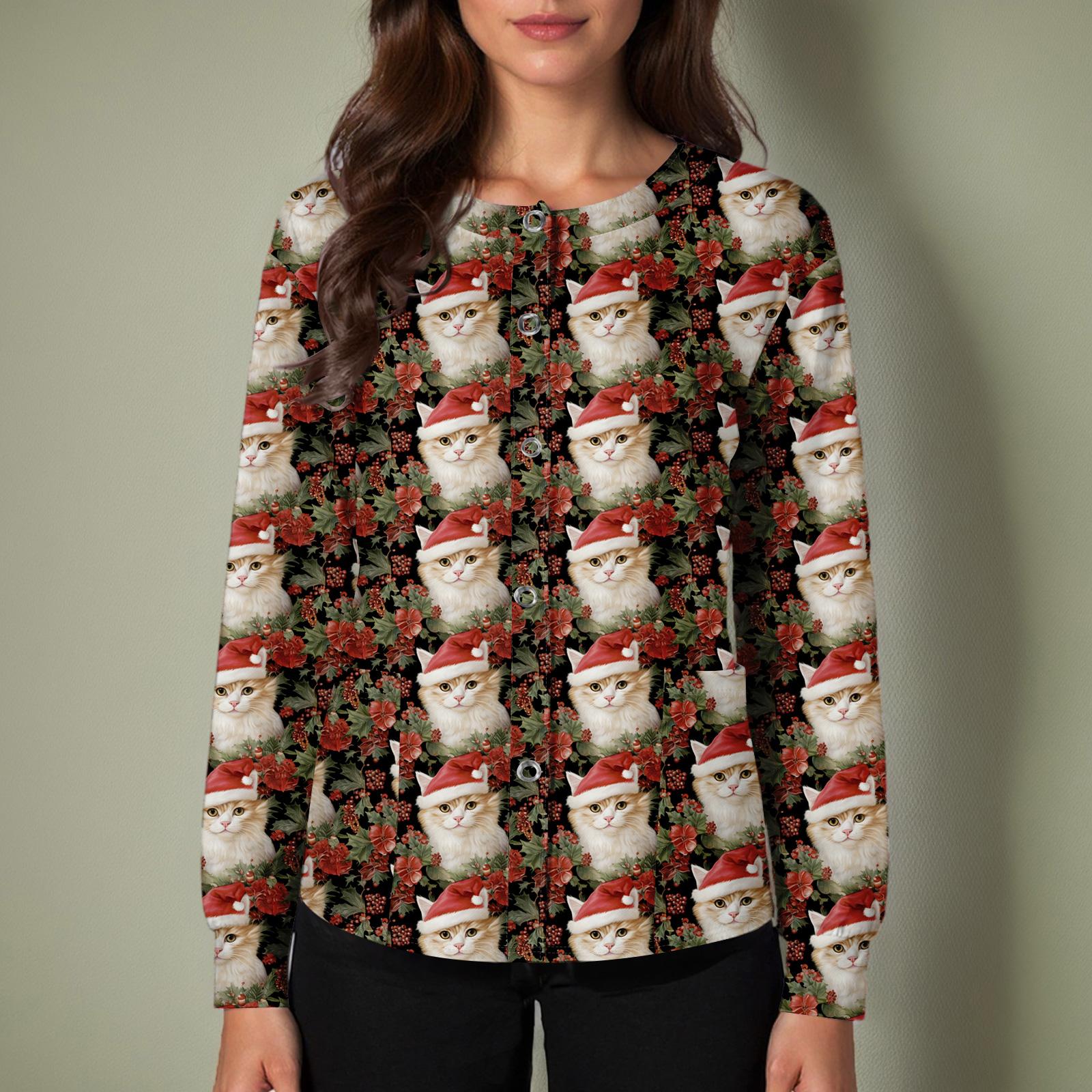 

Женский повседневный однобортный однобортный защитная одежда с рождественским принтом и длинными рукавами, кардиган, топ XL белый