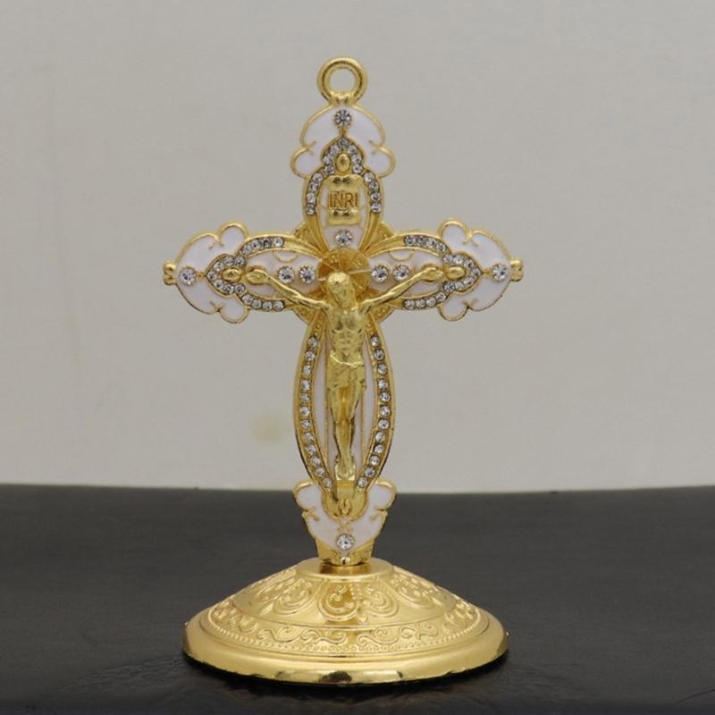 Handmade Enameled Zinc Crucifix Ornament Church Supplier Metal Crucifix with Stand Religious Decoration