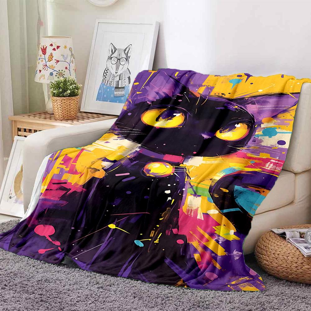 1pc Colorful Cat Artwork Blanket Lightweight Flannel Blanket Throw Blanket For Sofa, Bed, Travel, Camping, Livingroom, Office, Couch, Chair, And Bed y