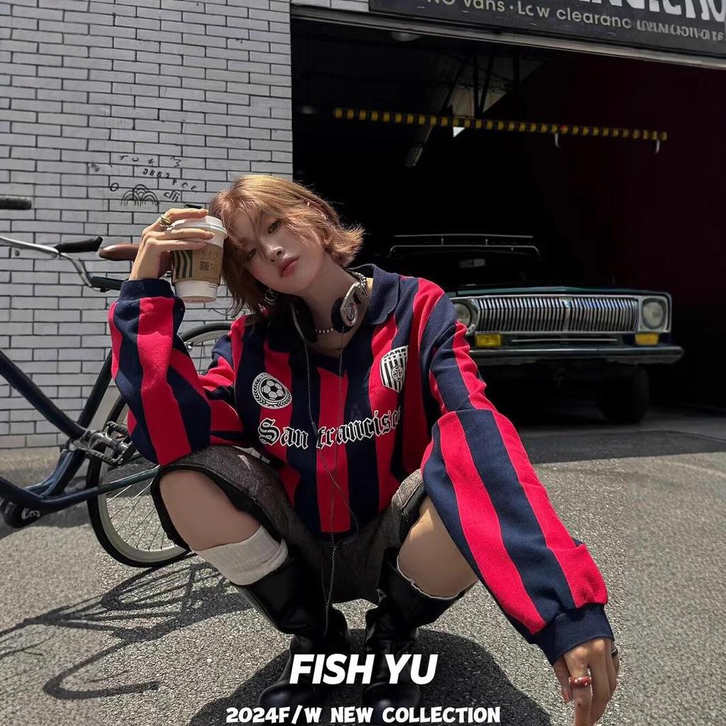 2025 Spring/Autumn Retro Jersey Vertical Stripe Letter Print Polo Collar Sweatshirt for Women