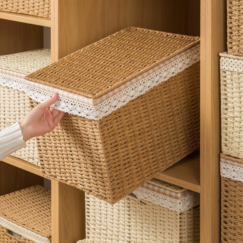 Rattan Woven Storage Basket with Lid - Cosmetics Organizer & Snack Box