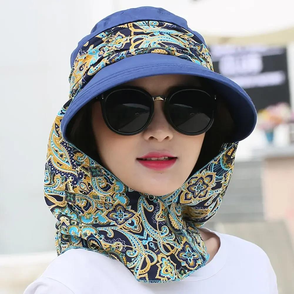 1Pc Summer Anti-UV Sun Hat Women Wide Brim Floral Print Caps Foldable Portable Sun Visor Hat Outdoor Riding Sunscreen Beach Cap