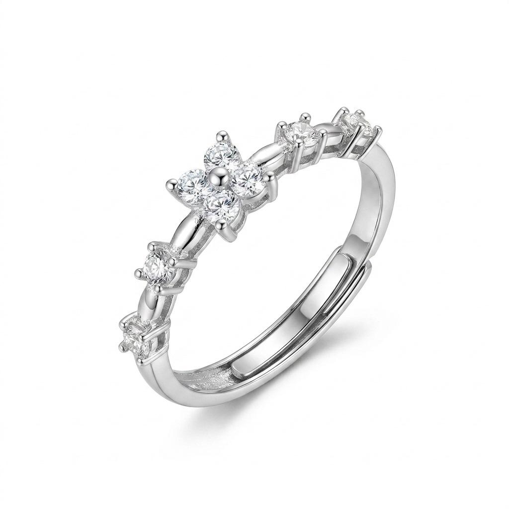 S925 Sterling Silver Four-Leaf Clover Adjustable Ring with Gradient Diamond Accents