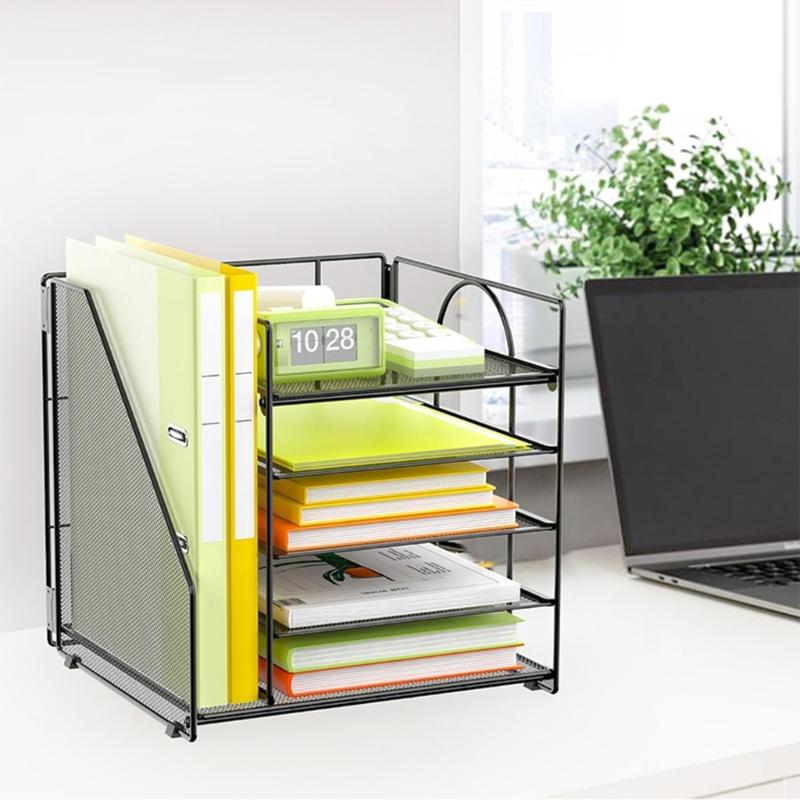 Bureau Papier Bestand Tray Organiser 5-Laags Metalen Bestand Brief Tray Met Boekenrek Ruimtebesparende Document Organiser Voor Kantoor