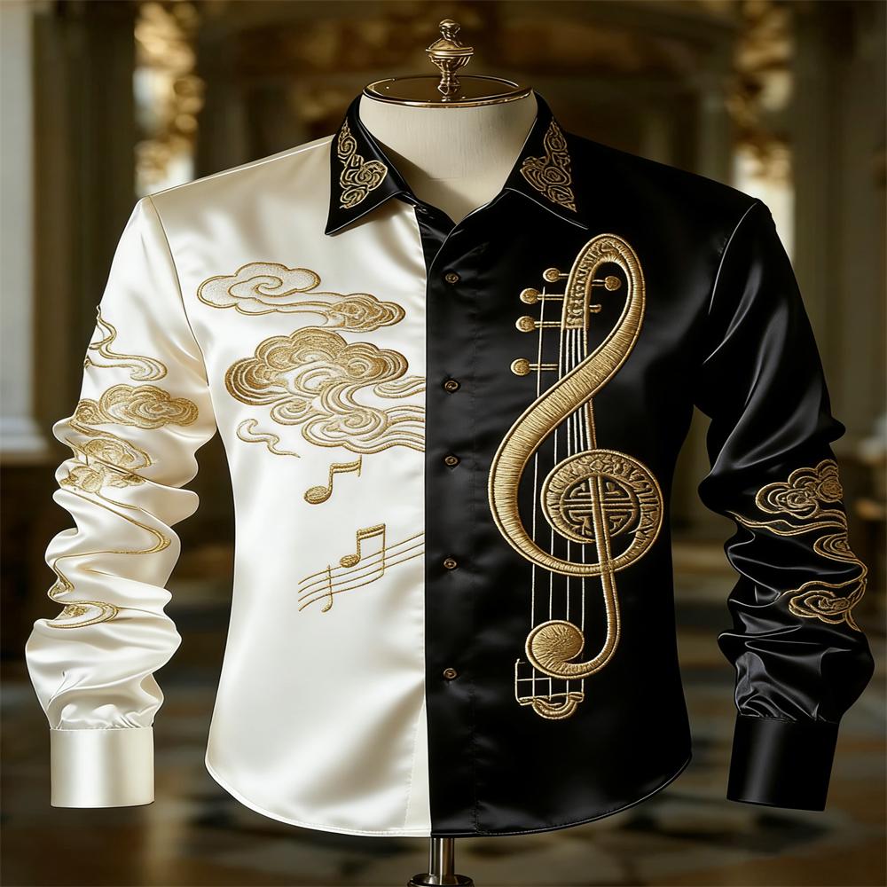 Men's Retro Botanical Musical Note Printcasual Long-sleeved Shirt, High-end Luxury, Suitablefor Parties and Dances.