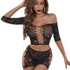 European & American Fashion Women's Sexy Hollow-Out Two-Piece Bodycon Mesh Dress with Hot Drill Hip-Wrap Skirt
