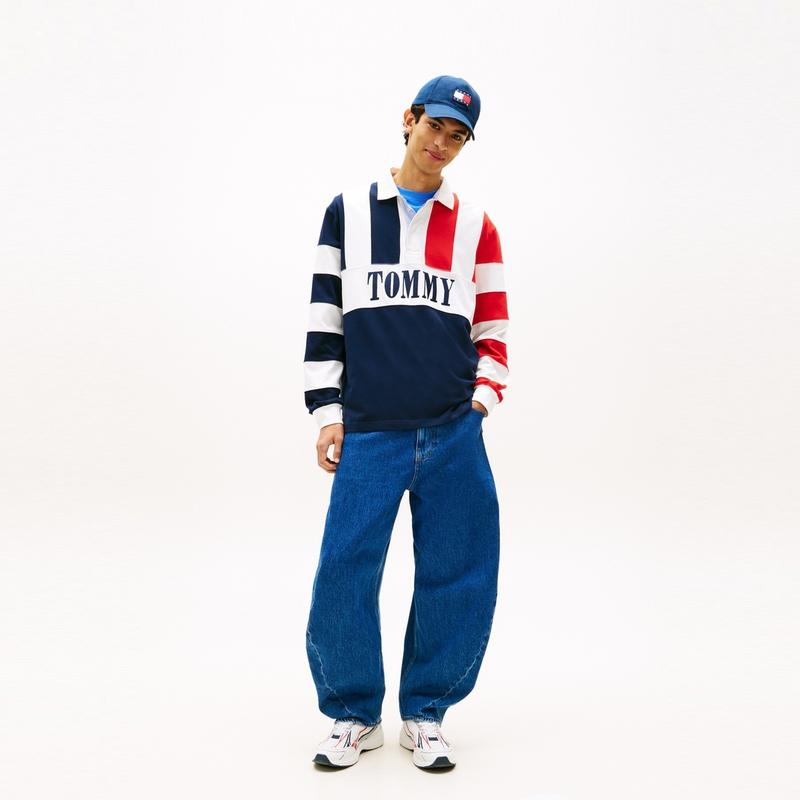 Tommy Hilfiger Cotton Trendy Color Block Vintage Striped Embroidered Loose Long Sleeve Polo Shirt Men Tops DM0DM23054-C1G