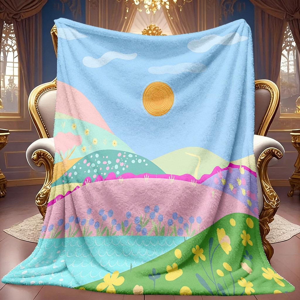 A 2D Flannel Blanket with a Colorful Landscape and Floral Themed Pattern, Featuring Soft High-definition Digital Printing. This Cooling Blanket Is Sui