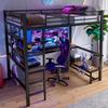 Loft Bed, 90 X 200cm, Iron Frame, Desk, Railing, Ladder, Multiple Shelves, USB+Type-C Socket, LED Strip, Pegboard, Without Mattress, Black