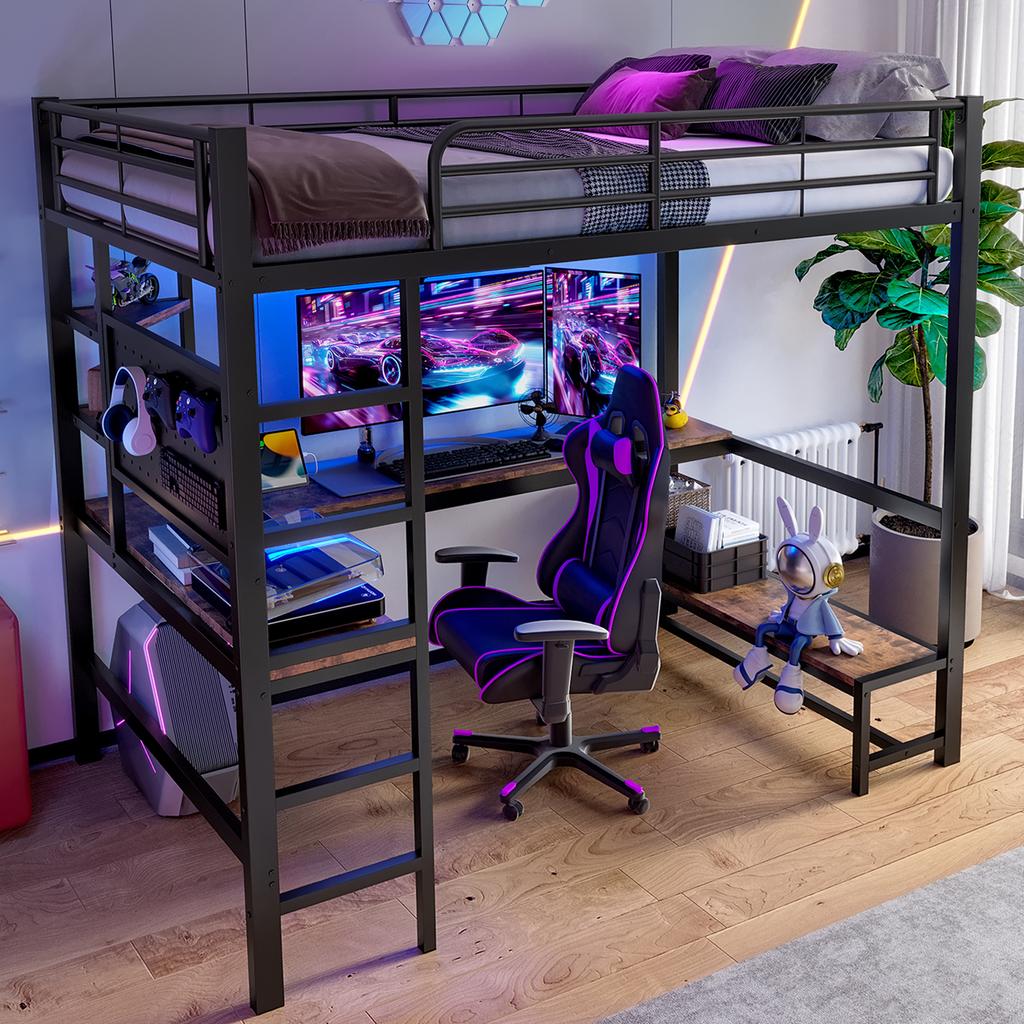Loft Bed, 90 X 200cm, Iron Frame, Desk, Railing, Ladder, Multiple Shelves, USB+Type-C Socket, LED Strip, Pegboard, Without Mattress, Black