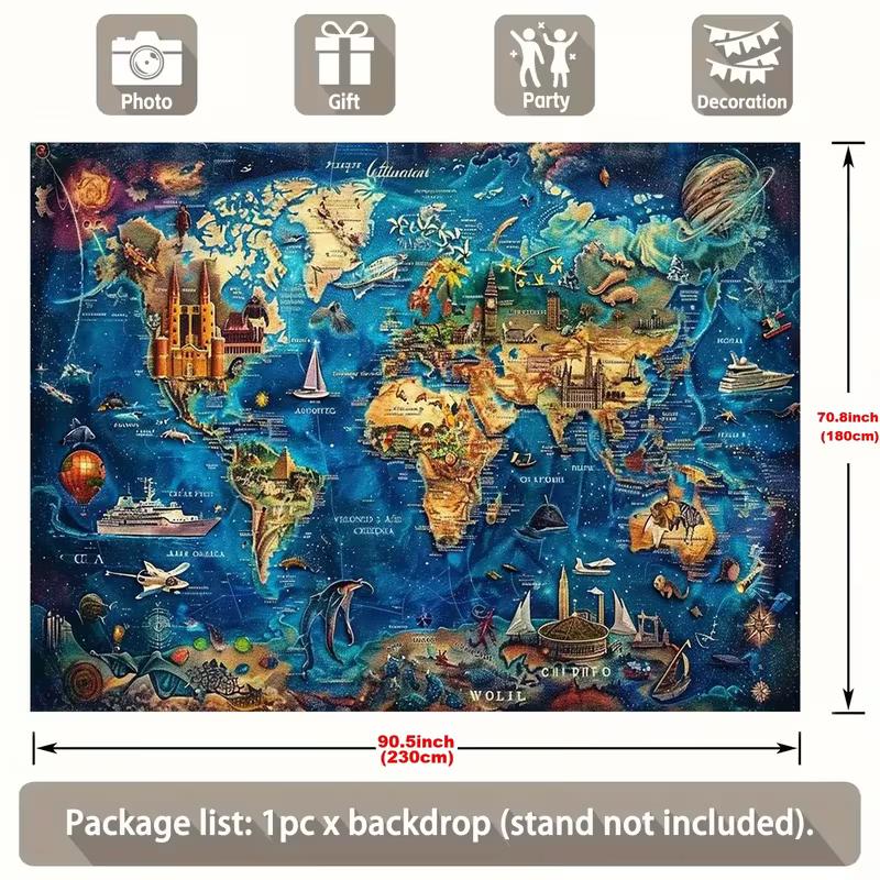 2D Fantasy World Map Backdrop with Landmarks & Animals, Blue Ocean Style Background for Room Decor
