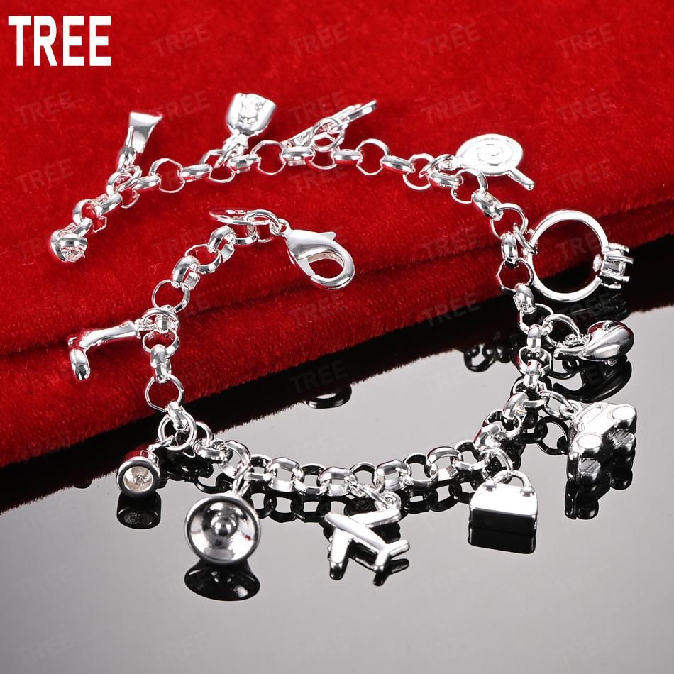 925 Sterling Silver Fashion Element Pendant Side Chain Beautiful Bracelet Gift Jewelry 20CM