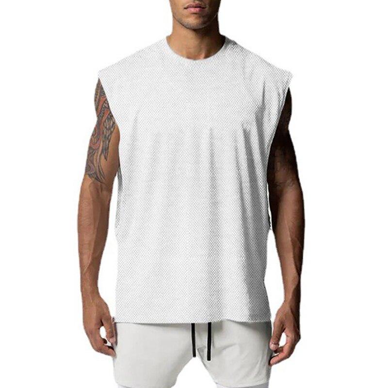 Muscleguys Summer Casual Simple Solid Tank Top Men's Sports Fitness Crew Neck Mesh T-shirt