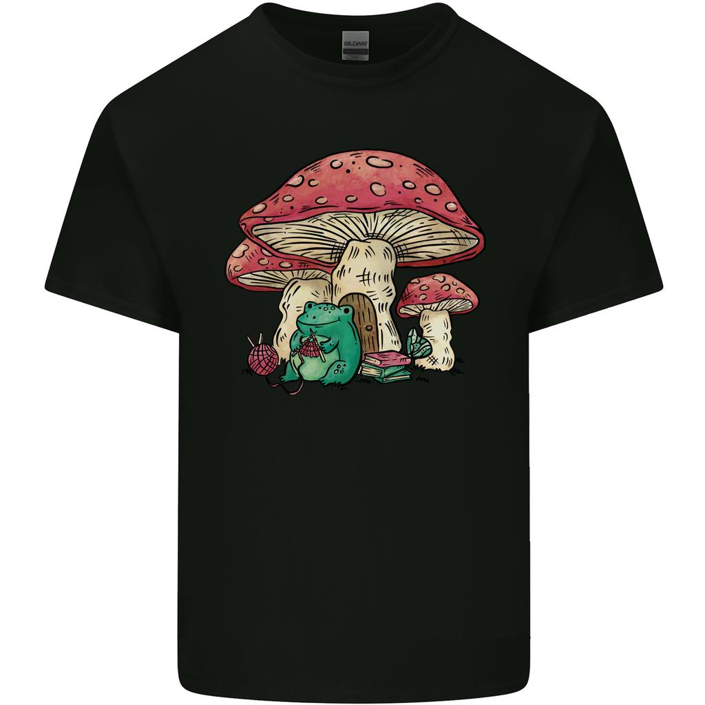Frog Knitting Under a Mushroom Foraging Nature Unisexs Light Cotton TShirt