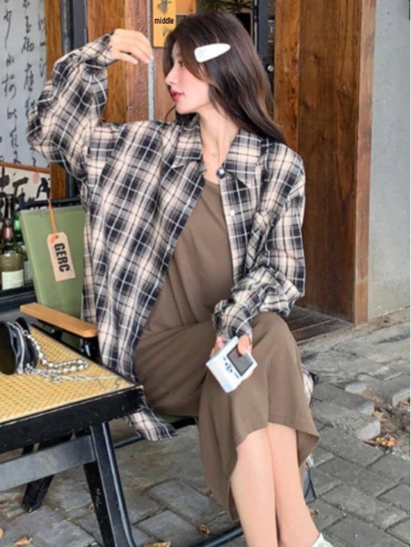 Women's Early Spring 2026 American Retro Blue Plaid Waist-Cinched Long-Sleeved Shirt