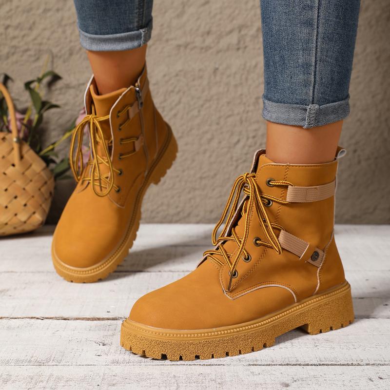Fashion Fashion Metal Decoration Hiking Boots Women Autumn Round Toe Thick Bottom Side Zip Ankle Boots Comfort Non Slip Outdoor Shoes
