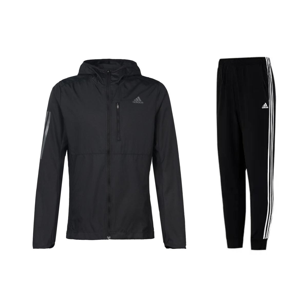 

Adidas Running Logo Design Long Sleeve Jacket Retro Stripe Pants Casual Sports Suit Men suit Black FL6964+H46105 S