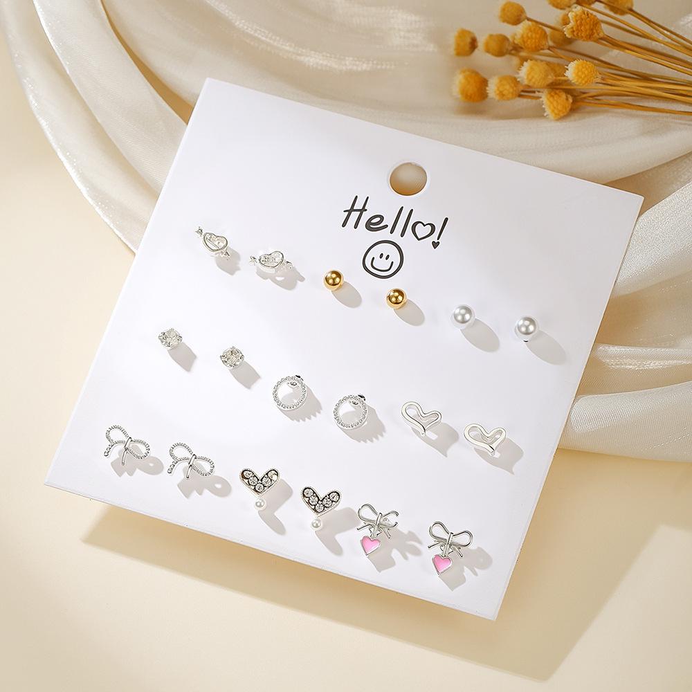 Versatile geometric love stud earrings set, women's high sense 9-piece set, European and American new ins exquisite fashion earrings