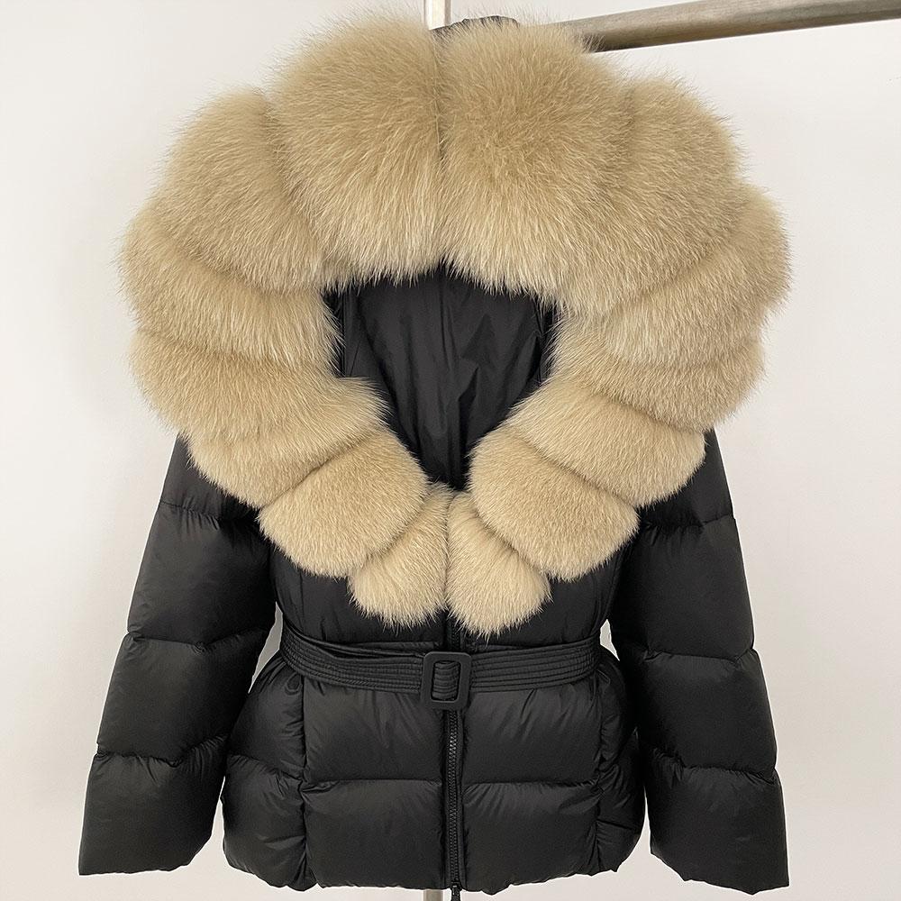 OFTBUY 2024 Jachetă albă din puf de rață, groasă, caldă, 90%, jachetă de iarnă pentru femei, cu guler de blană de raton naturală, cu glugă, casual