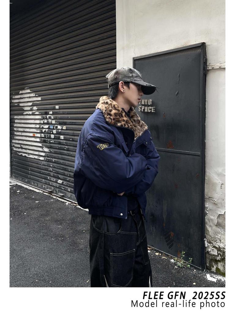 Winter 2026 American Street Style Loose Leopard Print Lapel Jacket with Fur Collar and Fleece Lining