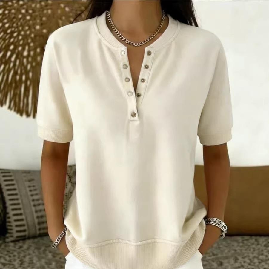 Women's Henley V Neck Partial Button Short Sleeve Solid Color Casual T Shirt Loose Daily Basic Blouse