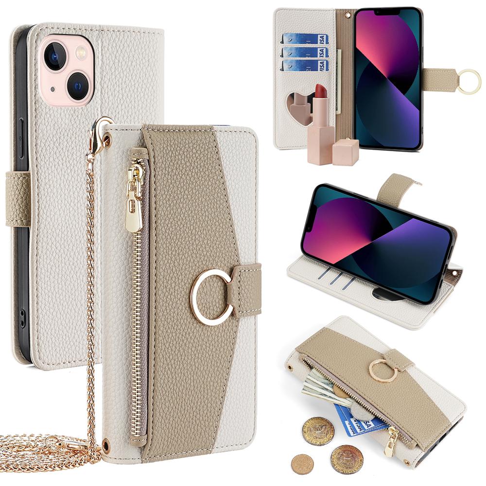 

For iPhone 13 6.1 inch Case PU Leather Wallet Protective Cover with Crossbody Shoulder Strap White