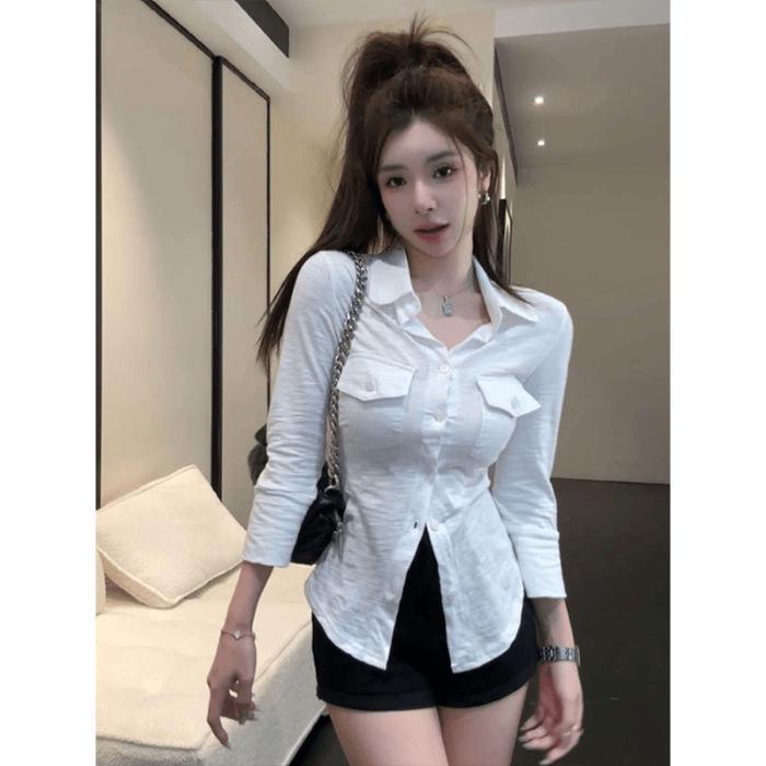 Plus-Size Elegant White Lapel Shirt for Women - Slimming Waist-Cinched Autumn Top