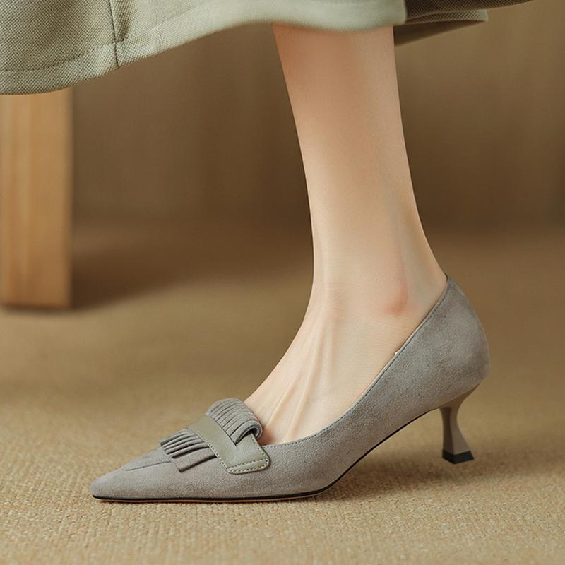Fashion NEW Spring/Autumn Women Pumps Sheep Suede Leather Shoes Women Pointed Toe Thin Heel Shoes Shallow Stiletto Heels Tassels Shoes