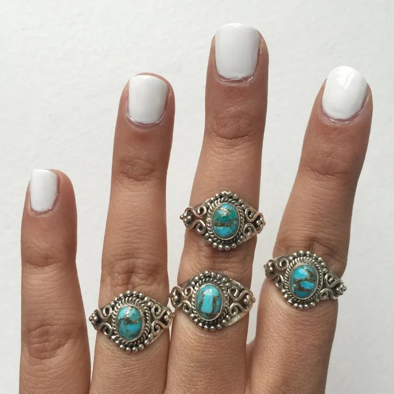 Solid 925 Sterling Silver Blue Copper Turquoise Gemstone Ring, Handmade Ring, Bohemian Ring, Partywear Ring