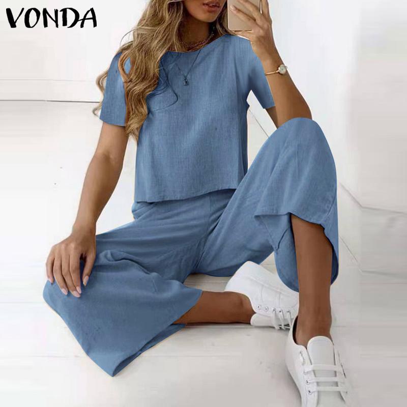 

VONDA комплекты из двух предметов, топы с короткими рукавами, эластичная талия, широкие длинные брюки, повседневные свободные костюмы