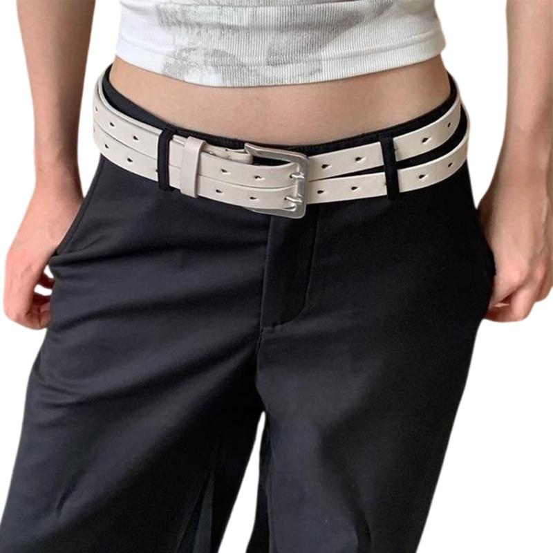

Double Row Belt for Women Men Pin Buckles Waist Belt Adjustable PU Waist Strap Casual Pants Belt Clothing Accessories бежевий