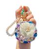 Women Folding Mirror Keychain Portable Make-up Mirror Pendant Rhinestones Faux Pearl Double-Sided Mirror