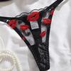 European & American Sexy Lingerie Set: Hot Red Lip Embroidered Mesh Satin Push-Up Bra with See-Through Panties