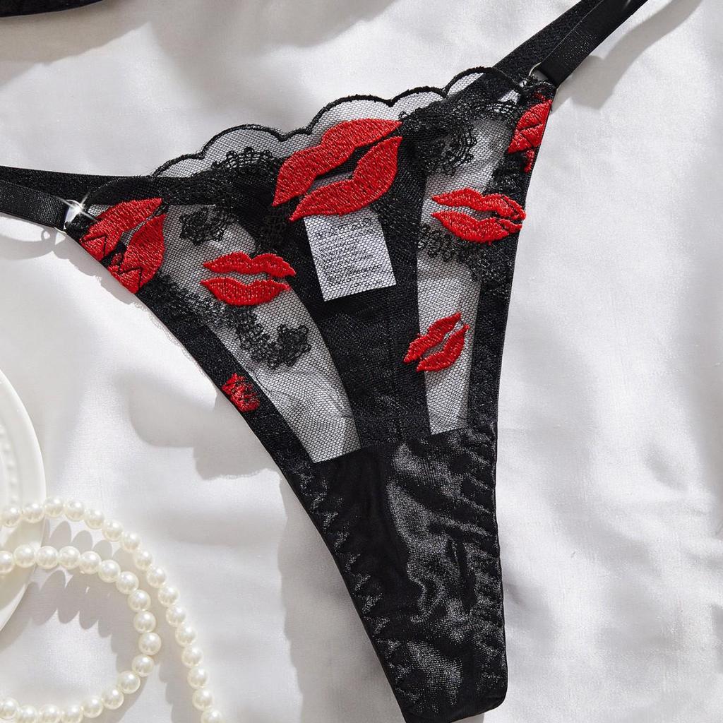 European & American Sexy Lingerie Set: Hot Red Lip Embroidered Mesh Satin Push-Up Bra with See-Through Panties