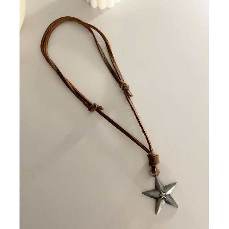Adjustable Leather Rope Star Pendant Necklace for Women Vintage Ethnic Style Boho Necklace Harajuku Jewelry Accessories
