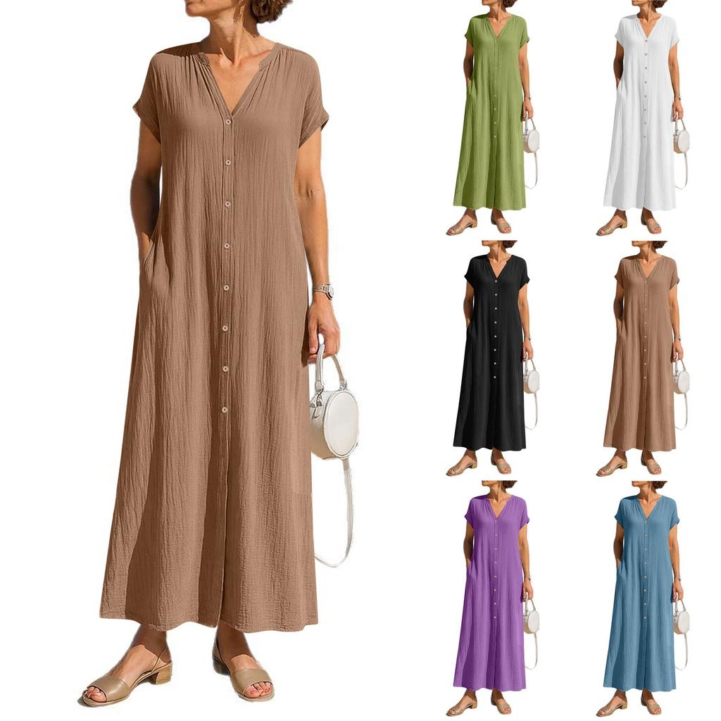 Women's Fashion Loose Solid Color Cotton And Linen V-Neck Pocket Casual Dresses
